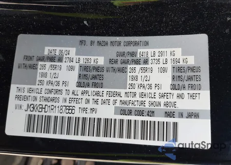 2024 Mazda Cx-90 3.3 Turbo Preferred from USA, damaged, VIN JM3KKBHD1R1187656